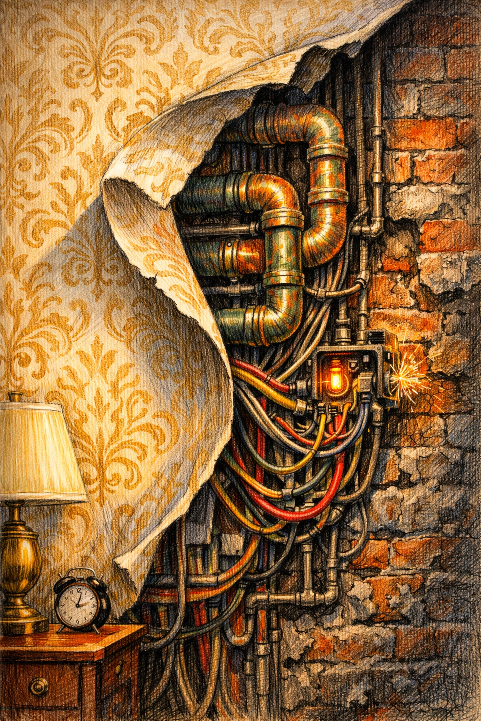 Architectural cutaway of a hotel wall revealing hidden plumbing and electrical issues during renovation.