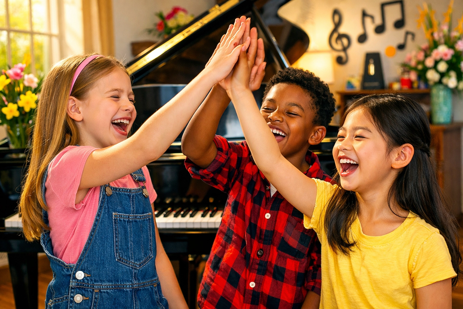 Diverse piano students celebrating at the studio before the Piano Keys for Christ Spring Recital 2026.