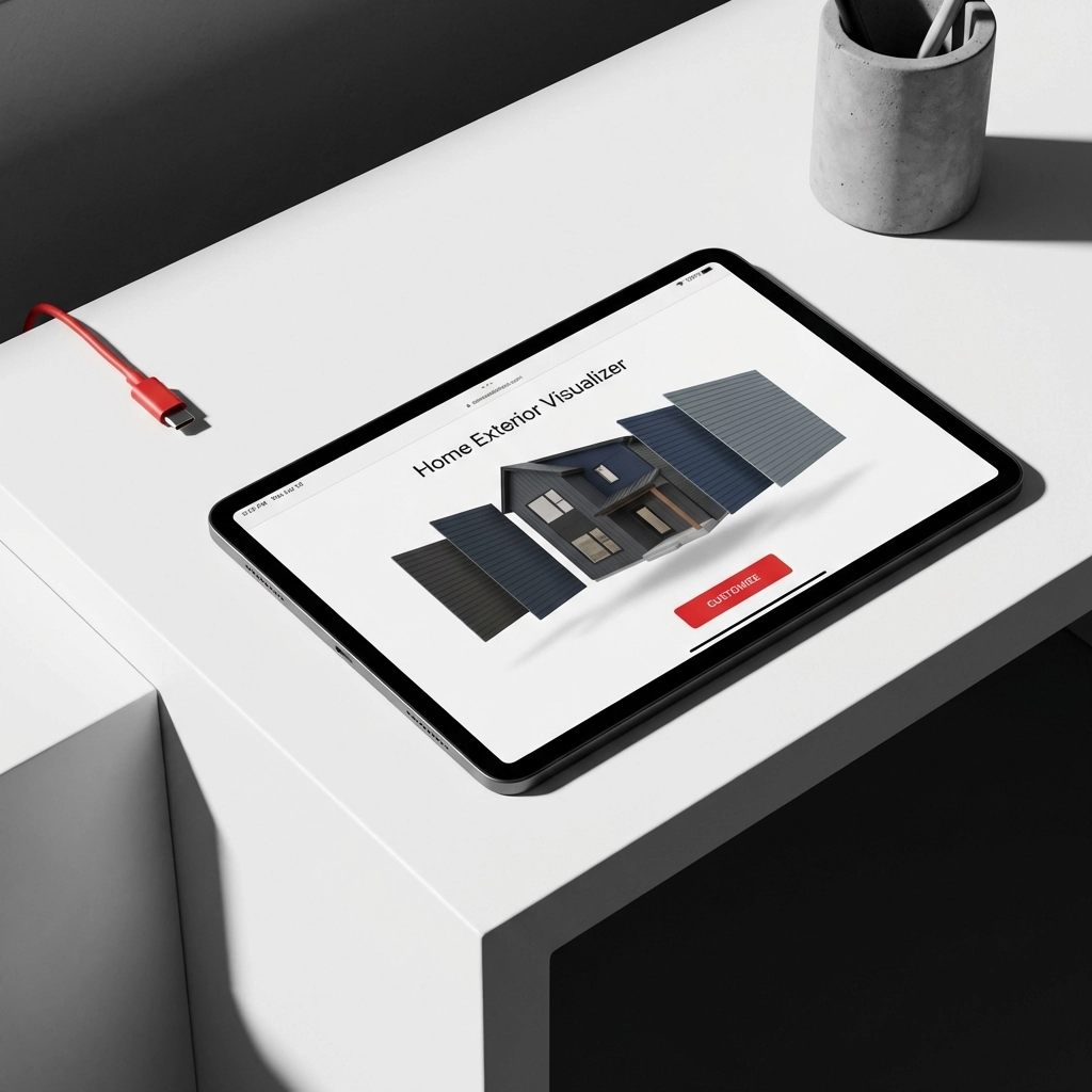 Tablet showing home exterior visualization with dark siding color options like charcoal, navy, and slate gray