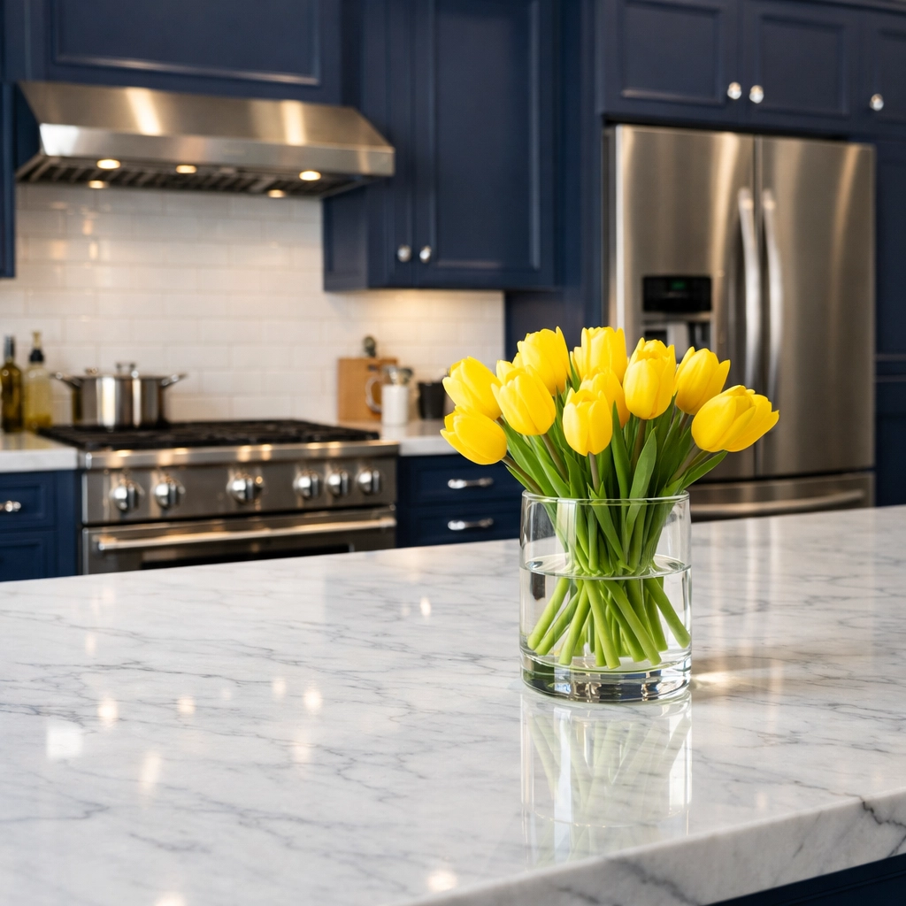 Gleaming white marble kitchen island showing professional cleaning results in Littleton.