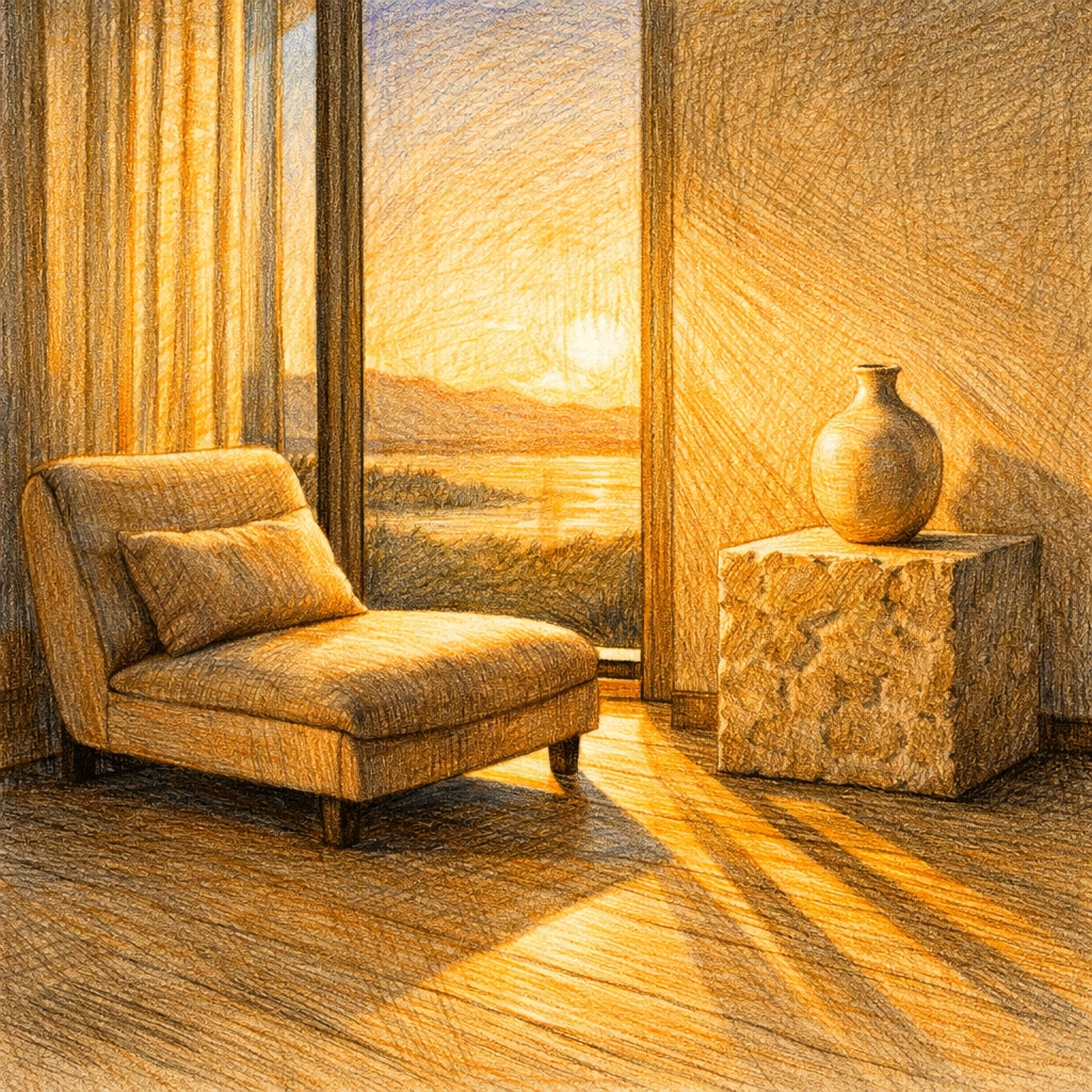 Minimalist luxury hotel room corner with golden hour sunlight showing luxury hospitality design.