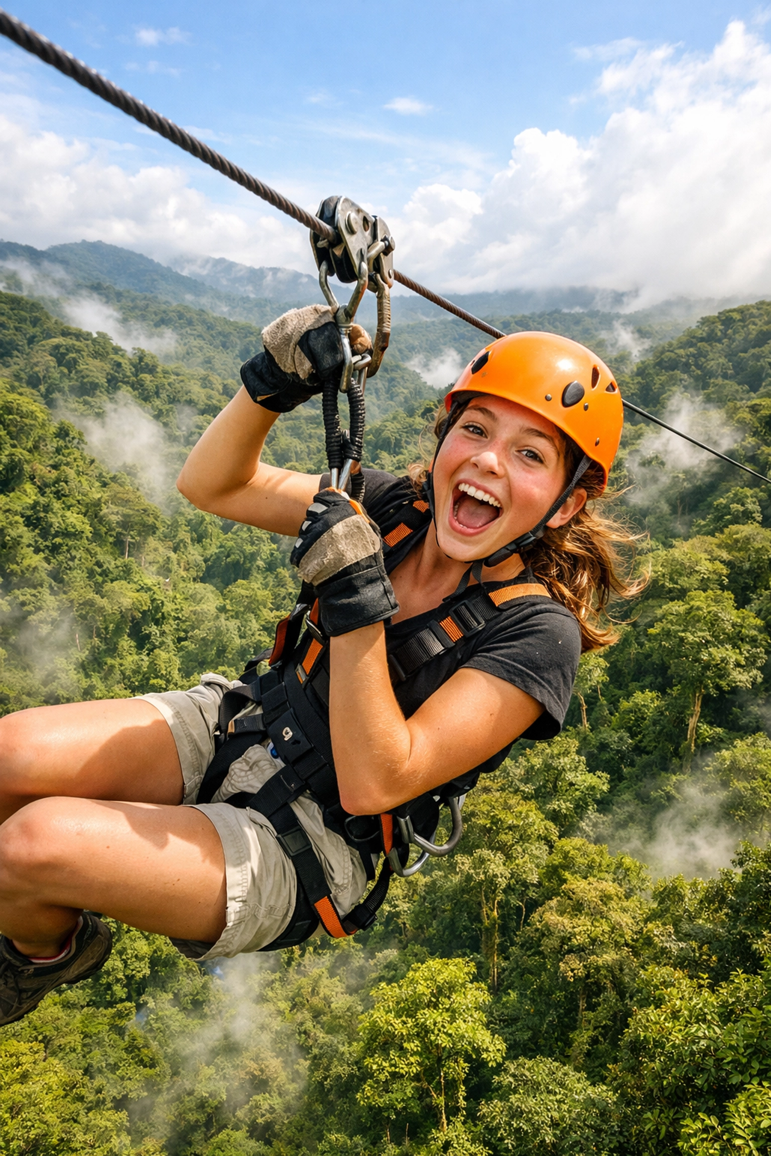 A teenage girl zip-lining through the Monteverde Cloud Forest canopy during a family adventure trip.