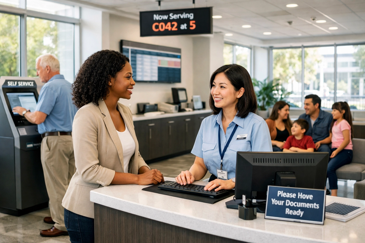 Modern Virginia DMV customer service center with staff helping diverse residents
