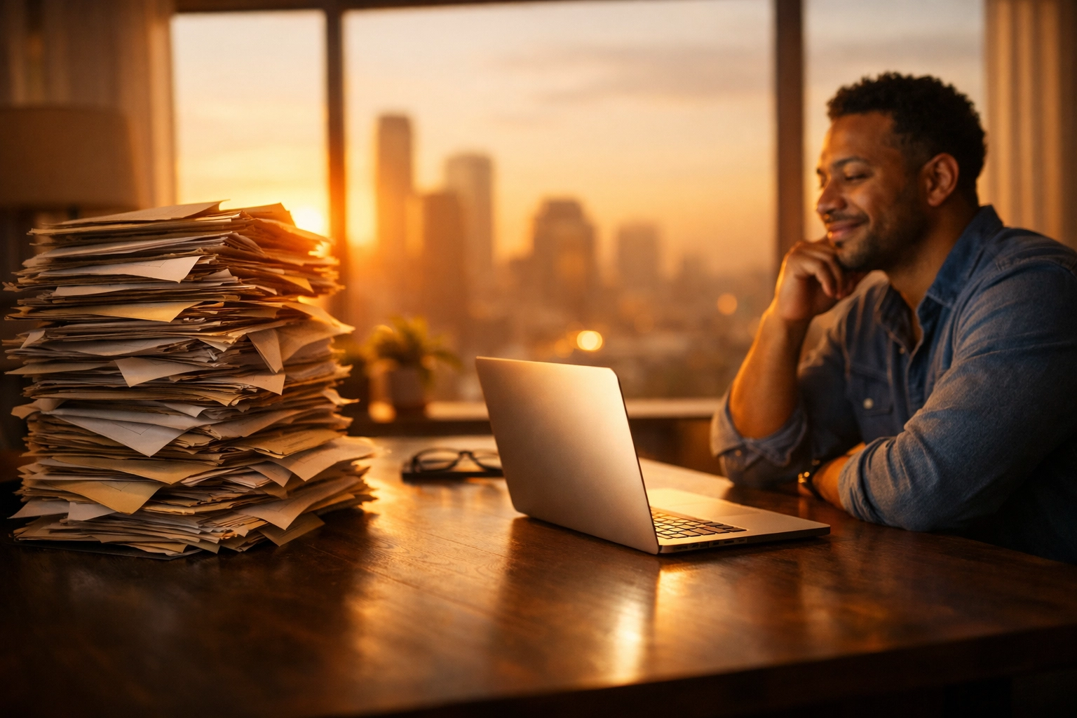 Business owner comparing traditional bank paperwork stacks to a fast online funding application on a laptop.