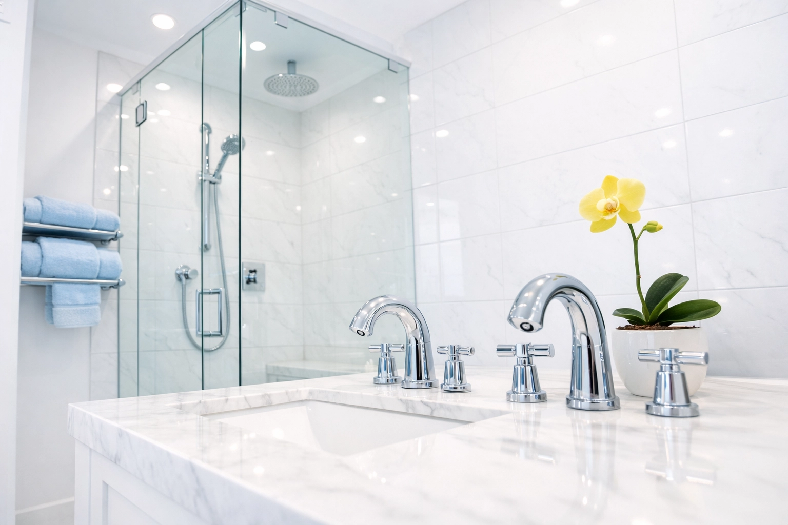 Sparkling clean luxury bathroom showing detailed grout work and deep cleaning in Sharon.