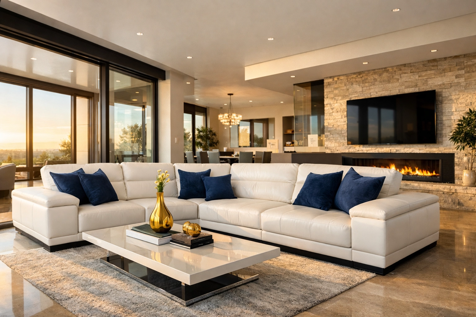 Luxury living room with a clean white leather sofa, reflecting professional-grade home maintenance and care.