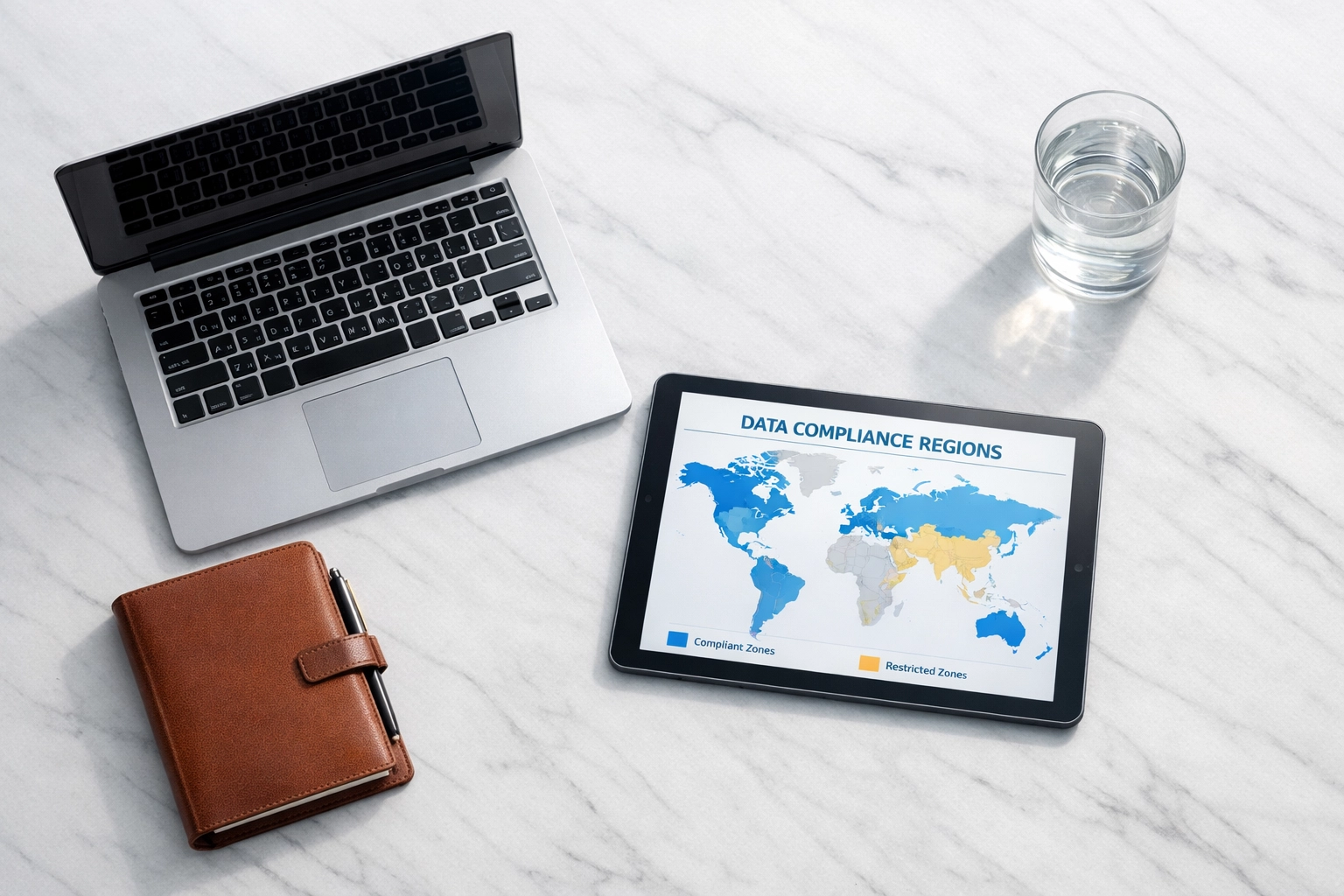 A tablet showing global data compliance regions, a key focus for a ServiceNow implementation partner.