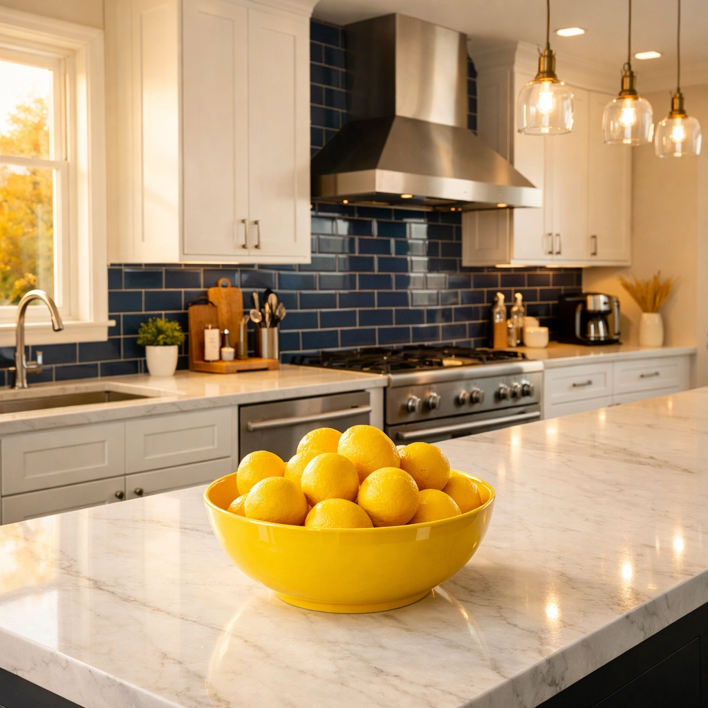 Clean modern kitchen with white marble countertops and autumn light for seasonal Worcester house cleaning.