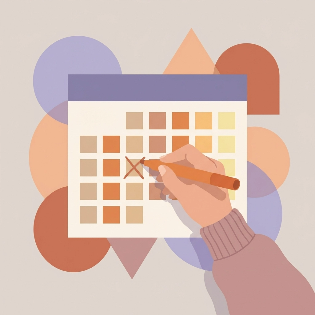 Flat art of a hand crossing off a day on a wall calendar, highlighting the concept of fresh starts and moving forward.