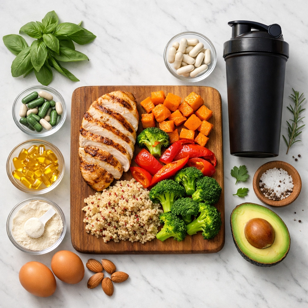 Balanced meal prep with lean protein, vegetables, and supplements supporting fitness training goals