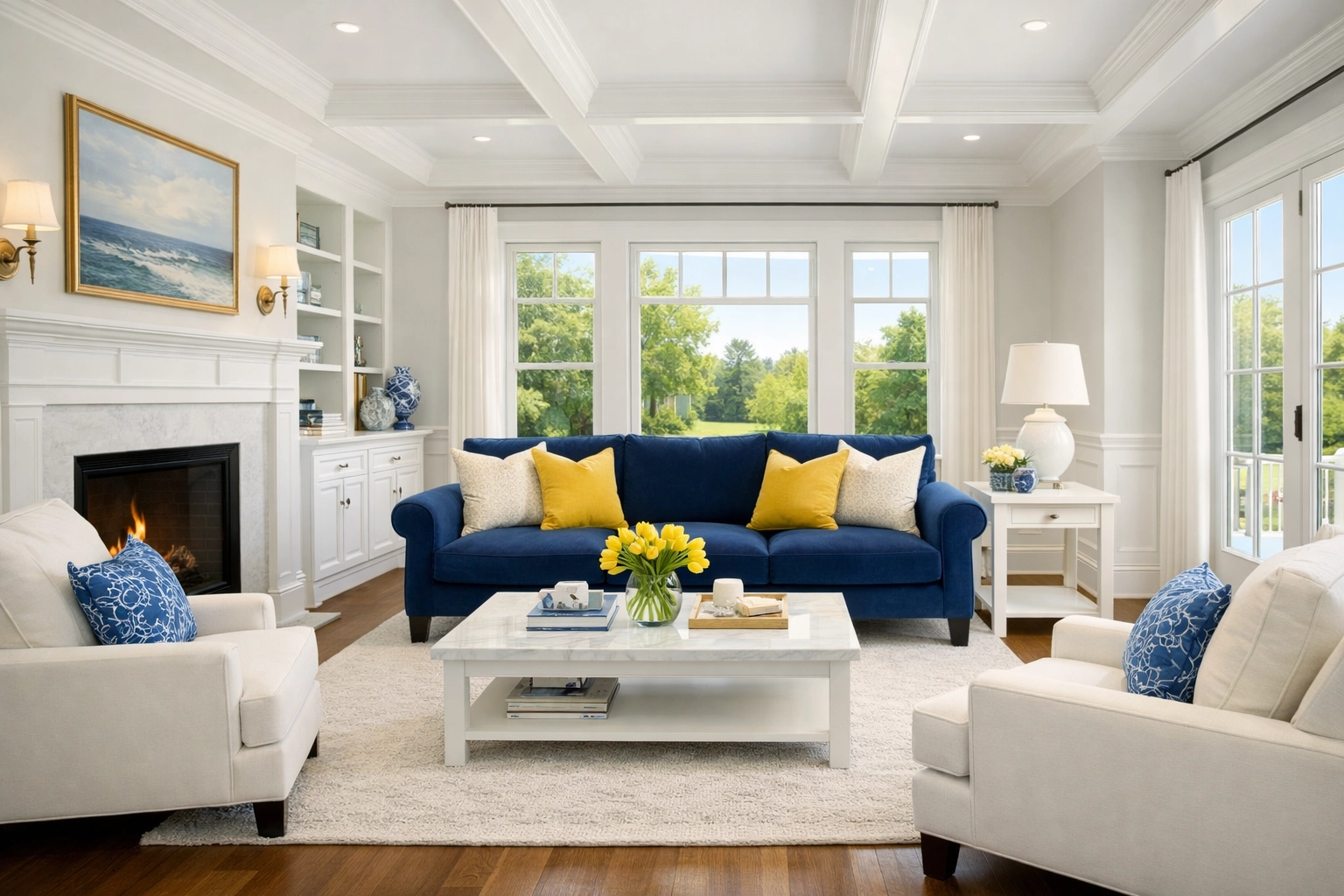 A spotless, luxury living room in Massachusetts after a professional house cleaning in Tewksbury.