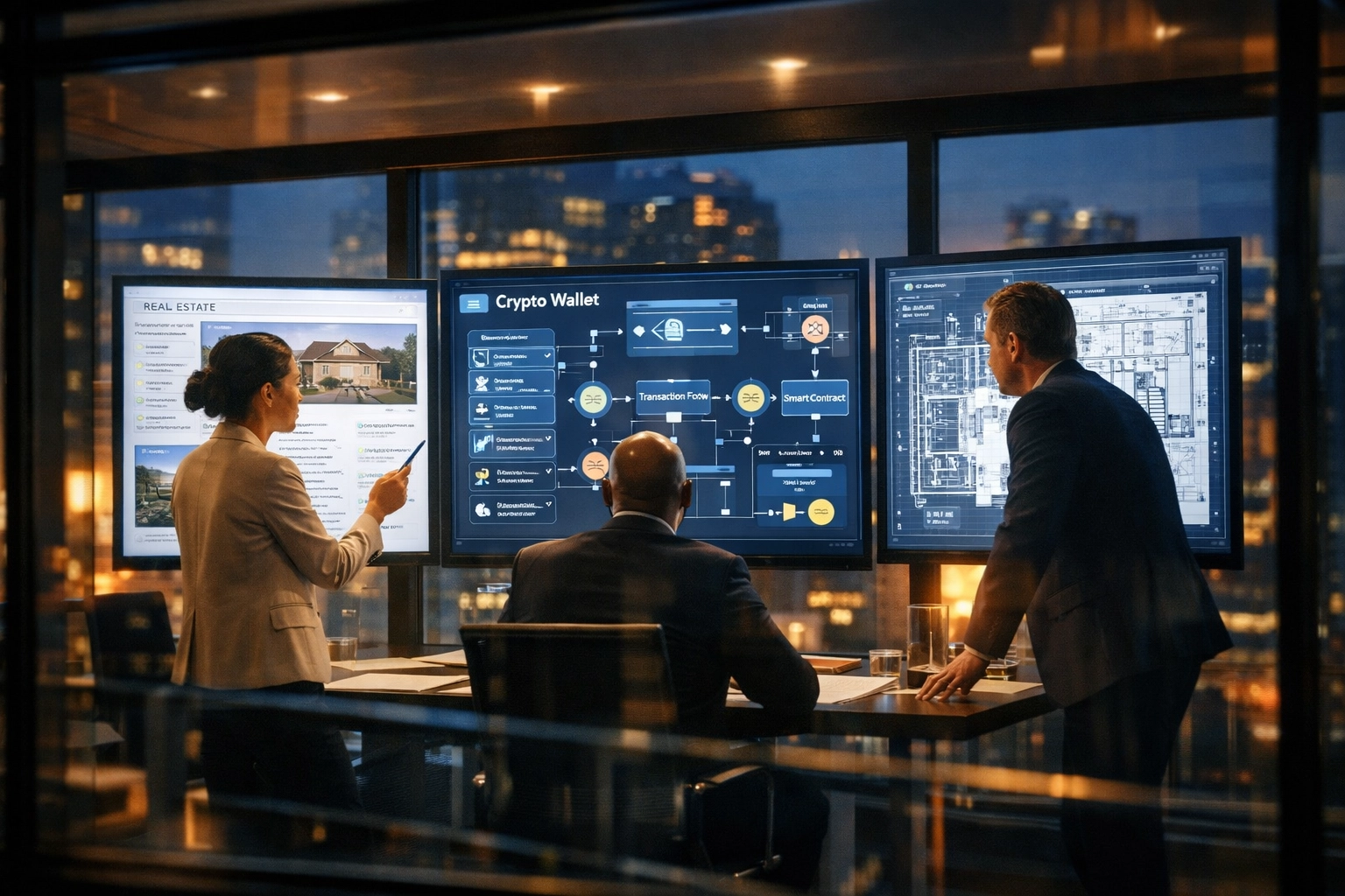 Institutional investors analyzing crypto real estate transactions and property investments