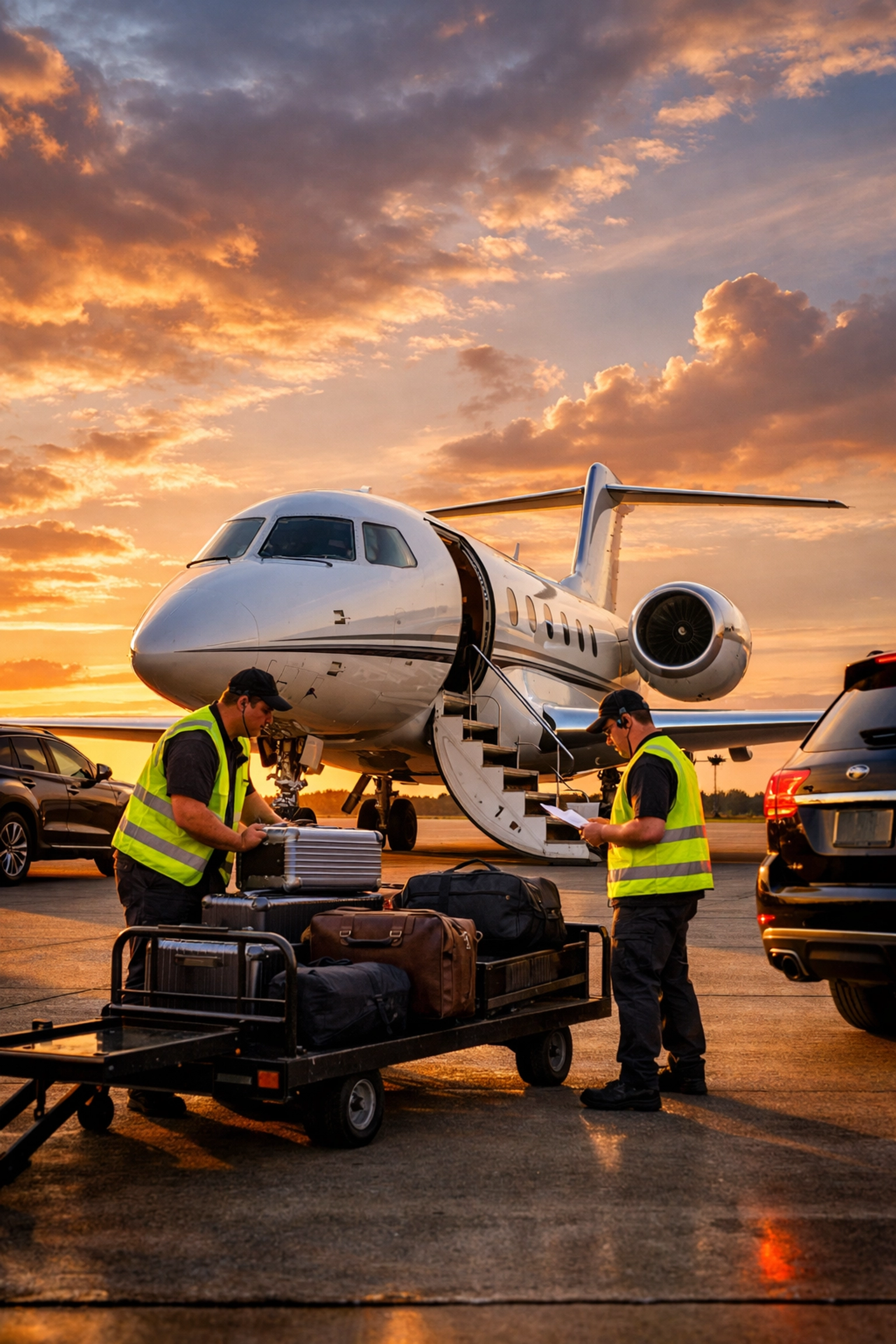 Press Release Private business jet on tarmac with ground crew and luxury SUVs for Super Bowl executive travel