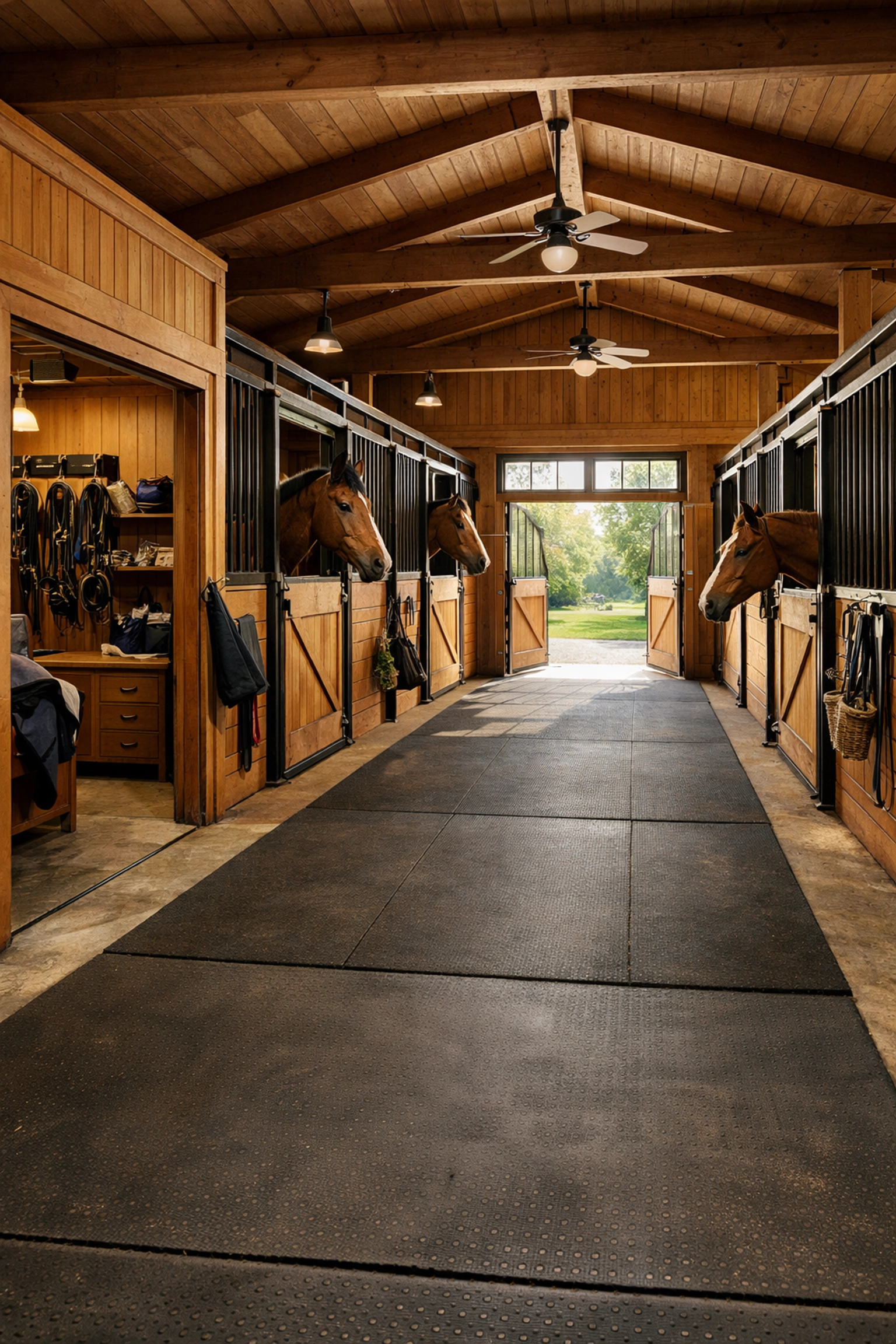 Well-designed horse barn interior with center aisle, natural light, and organized stall layout
