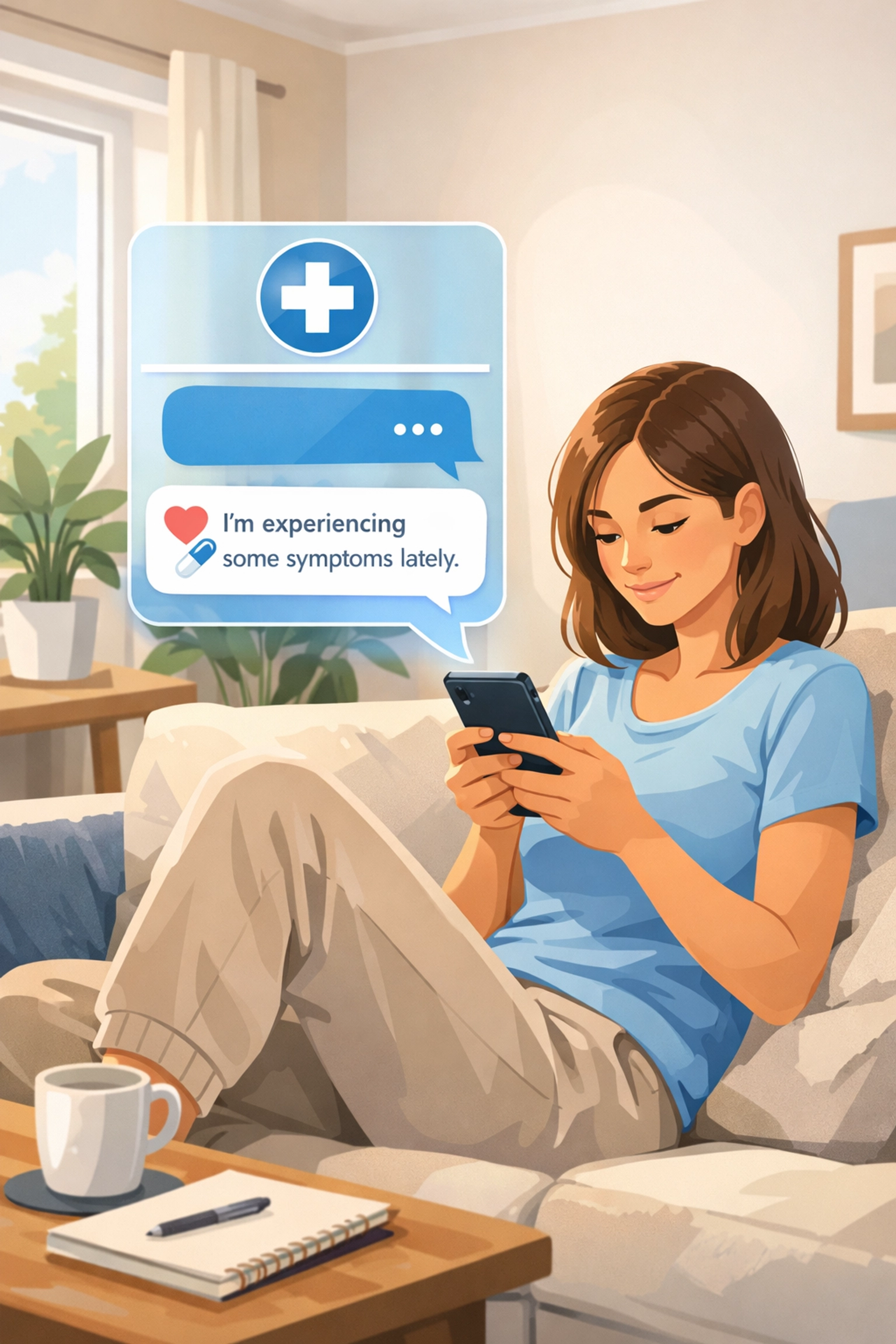 Woman using smartphone for text-based online urgent care consultation at home