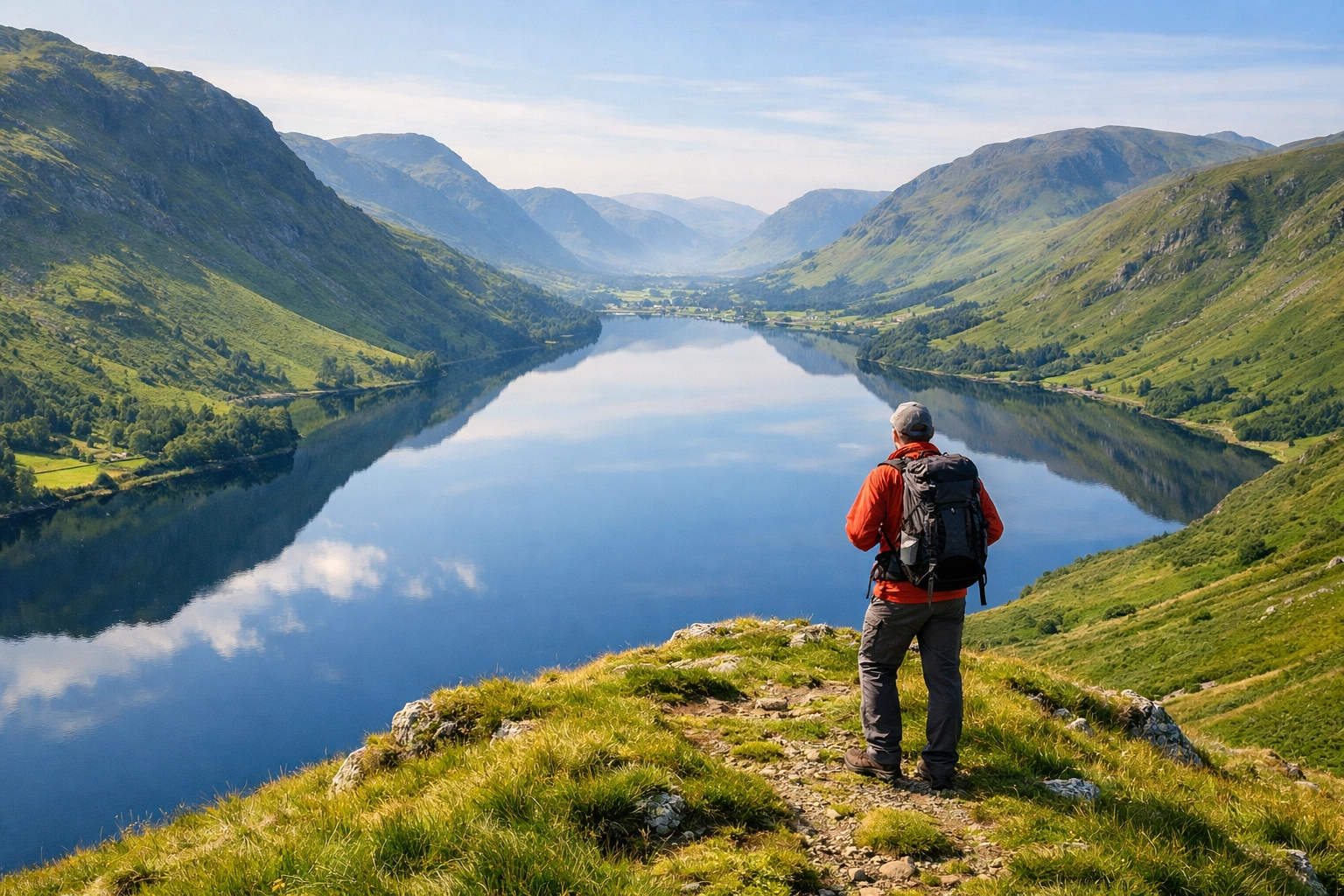 Hiker enjoying guided walks in the Lake District overlooking a scenic mountain lake.
