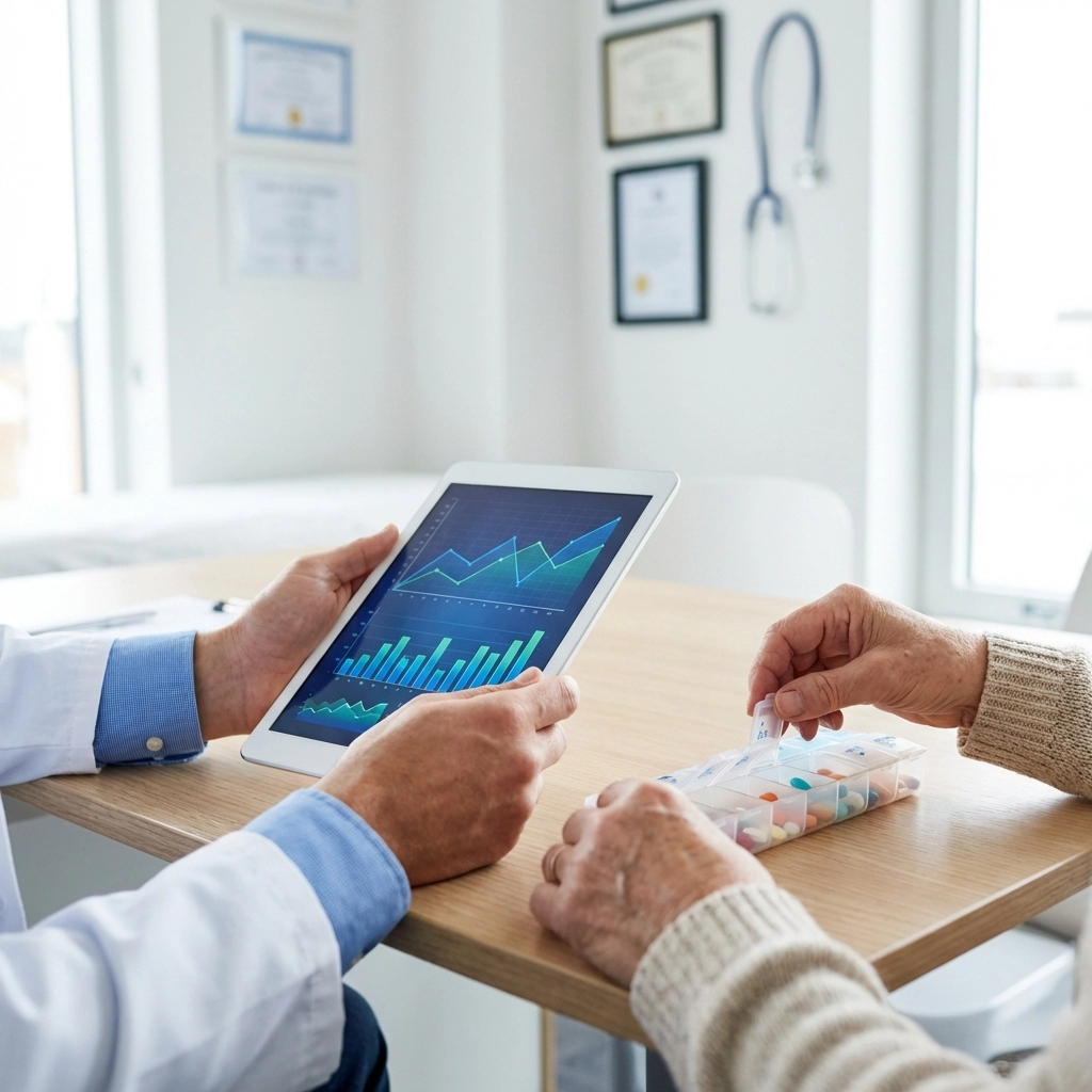 Doctor and patient discussing health charts and medication during a life insurance review