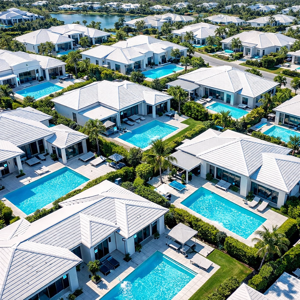 Aerial view of neighborhood swimming pools demonstrating high geographic density for accurate pool route valuation.