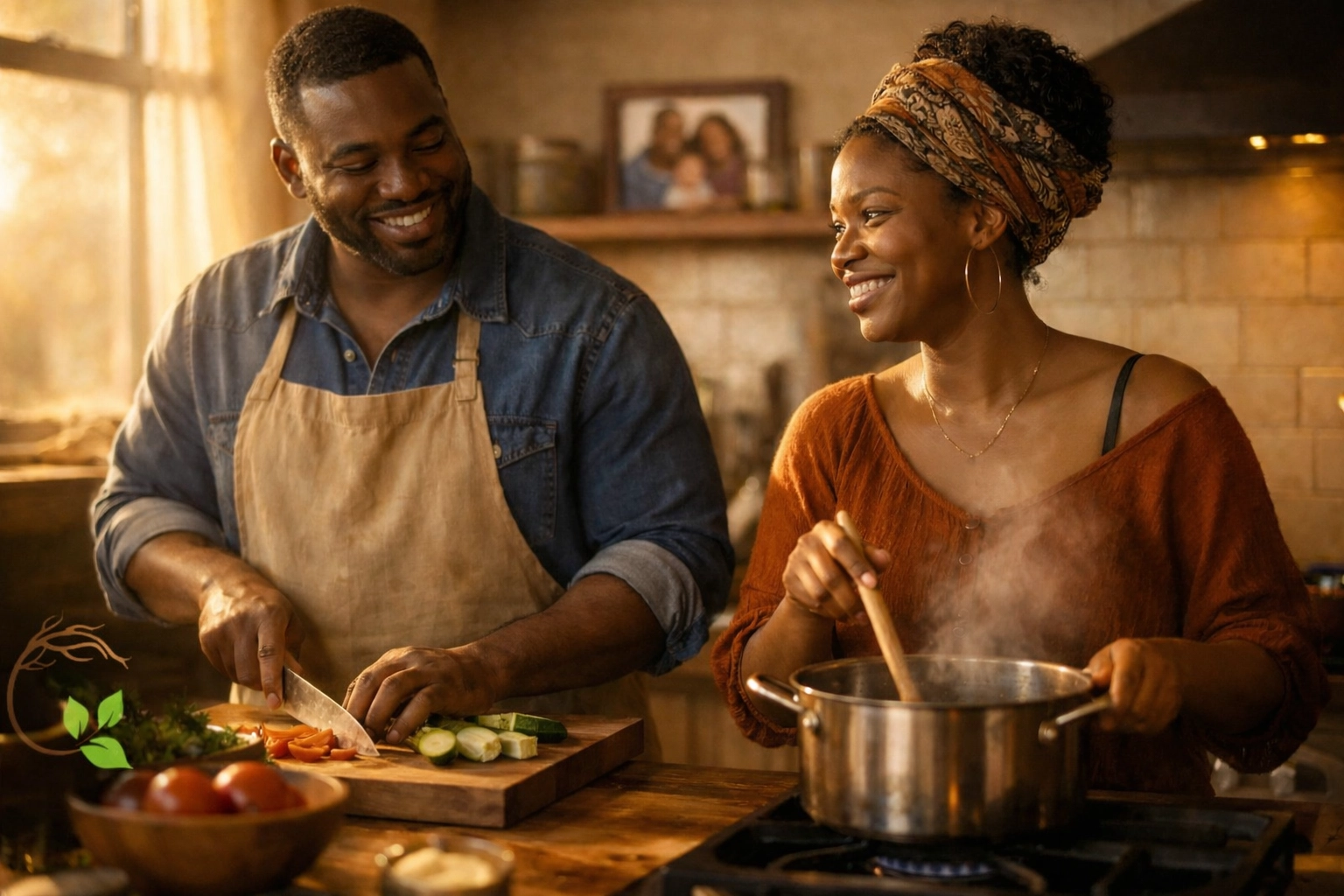 Black couple strengthening relationship bonds through shared cooking ritual