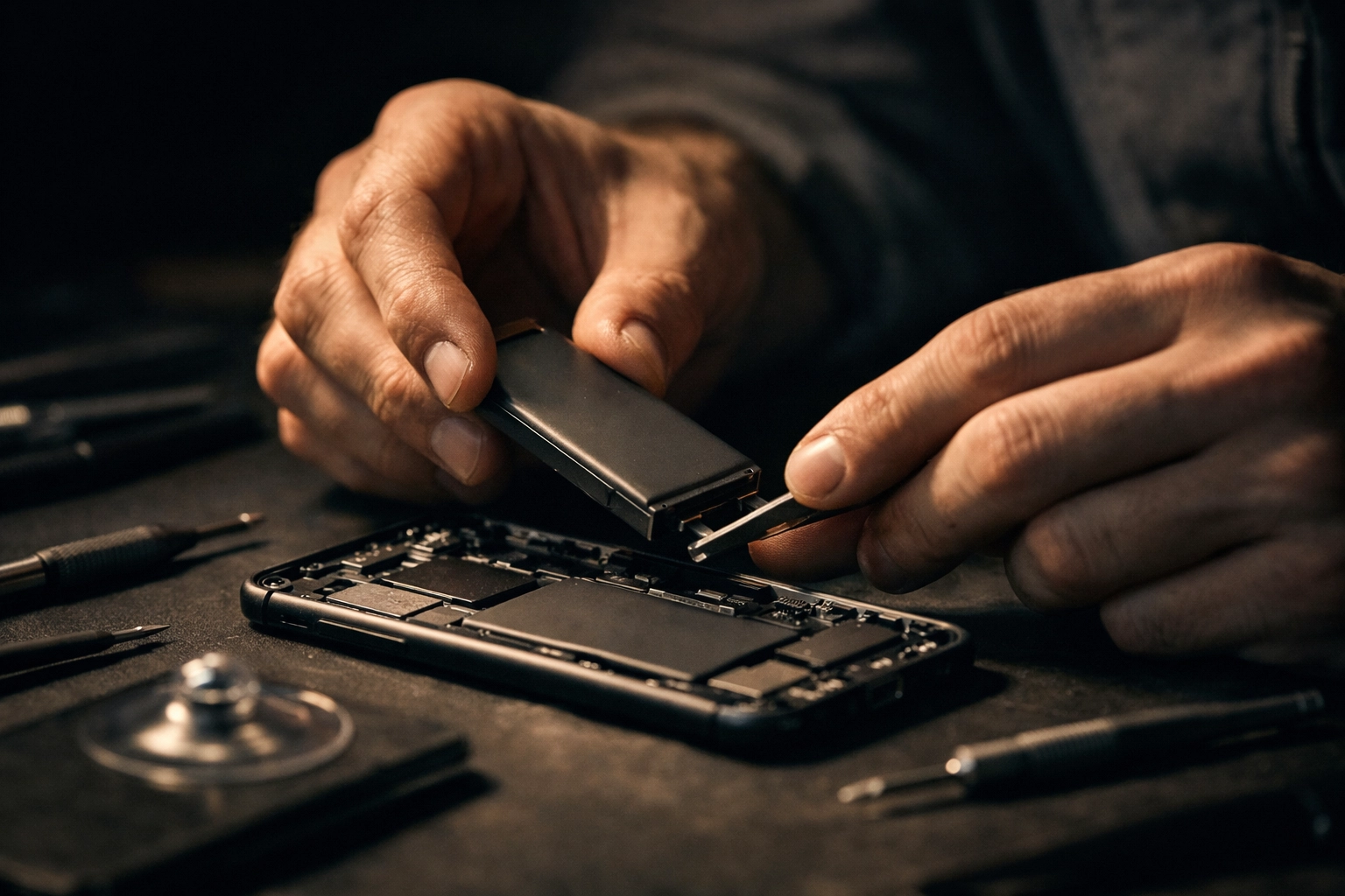 Professional iPhone battery replacement repair service by technician hands with precision tools