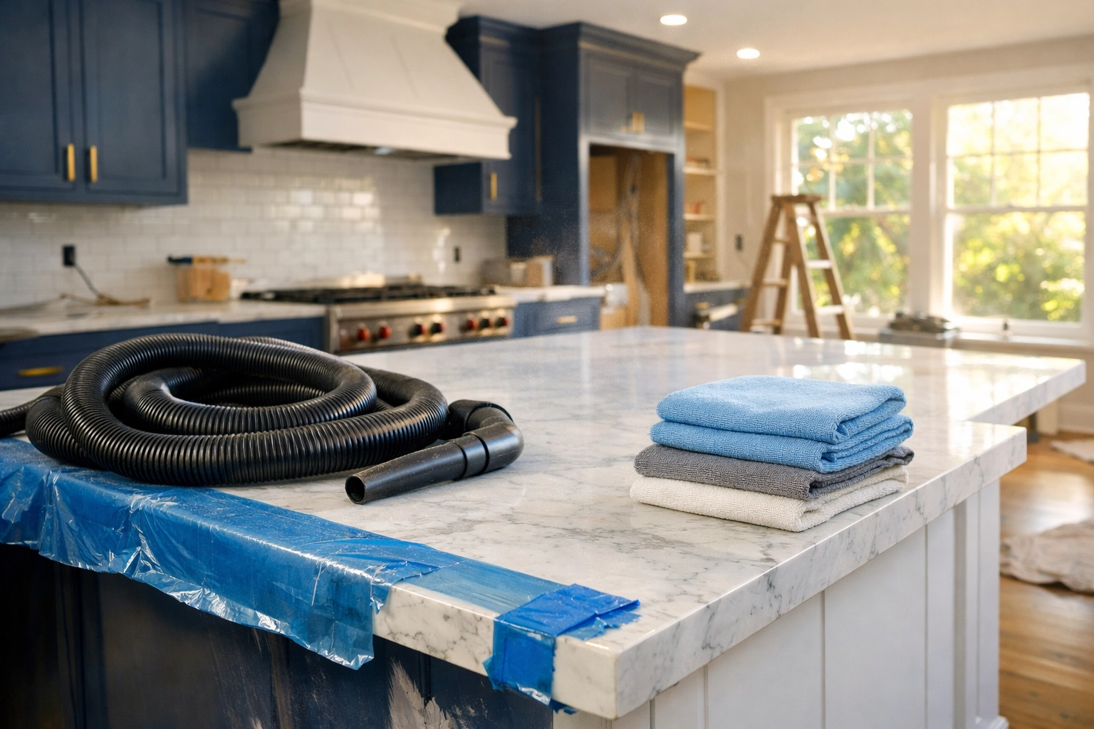 Industrial vacuum and cleaning supplies prepared for post-construction cleaning MA in a modern kitchen.