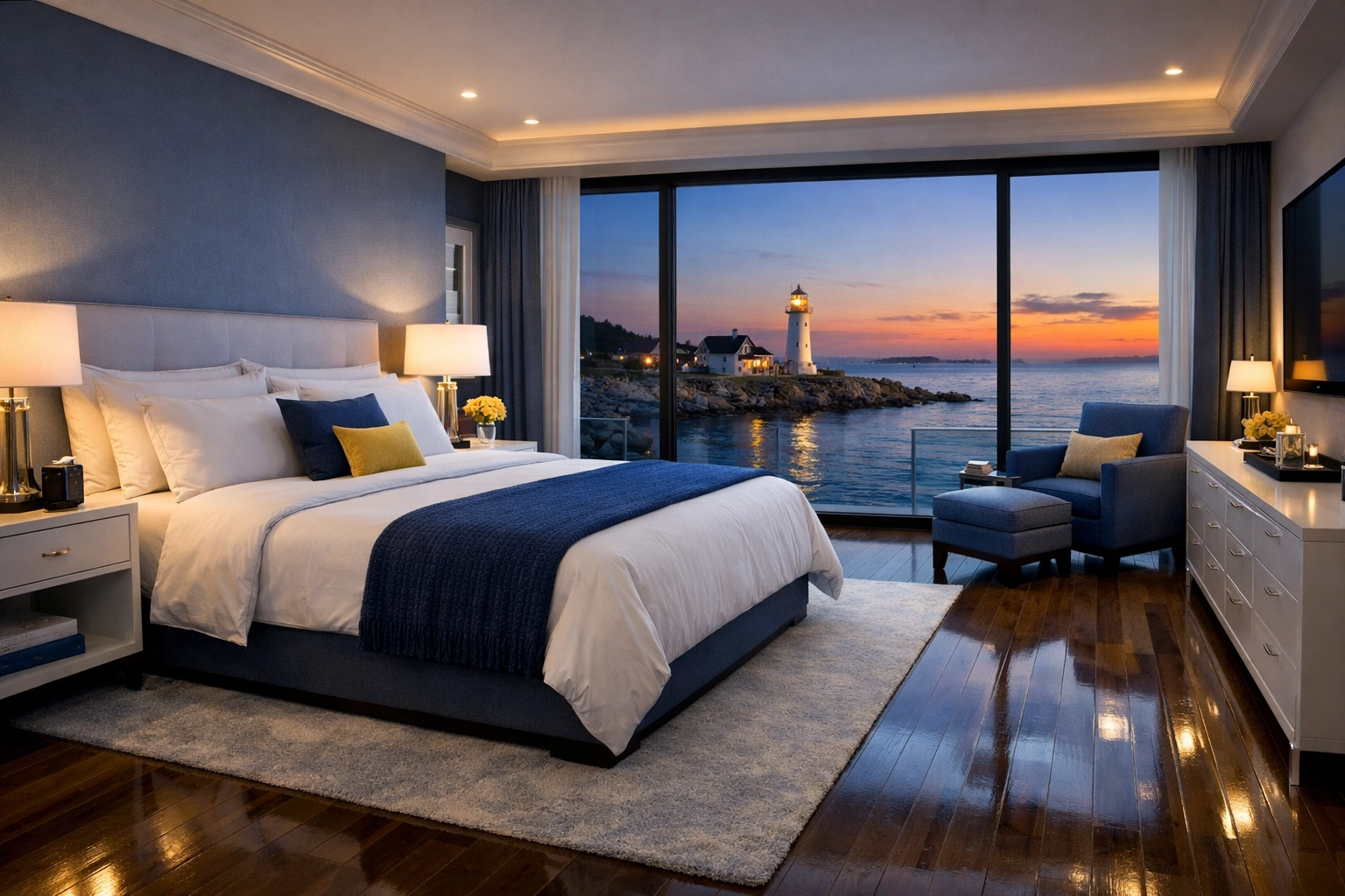 Serene master bedroom overlooking Scituate Lighthouse, perfectly cleaned by luxury residential cleaning experts.