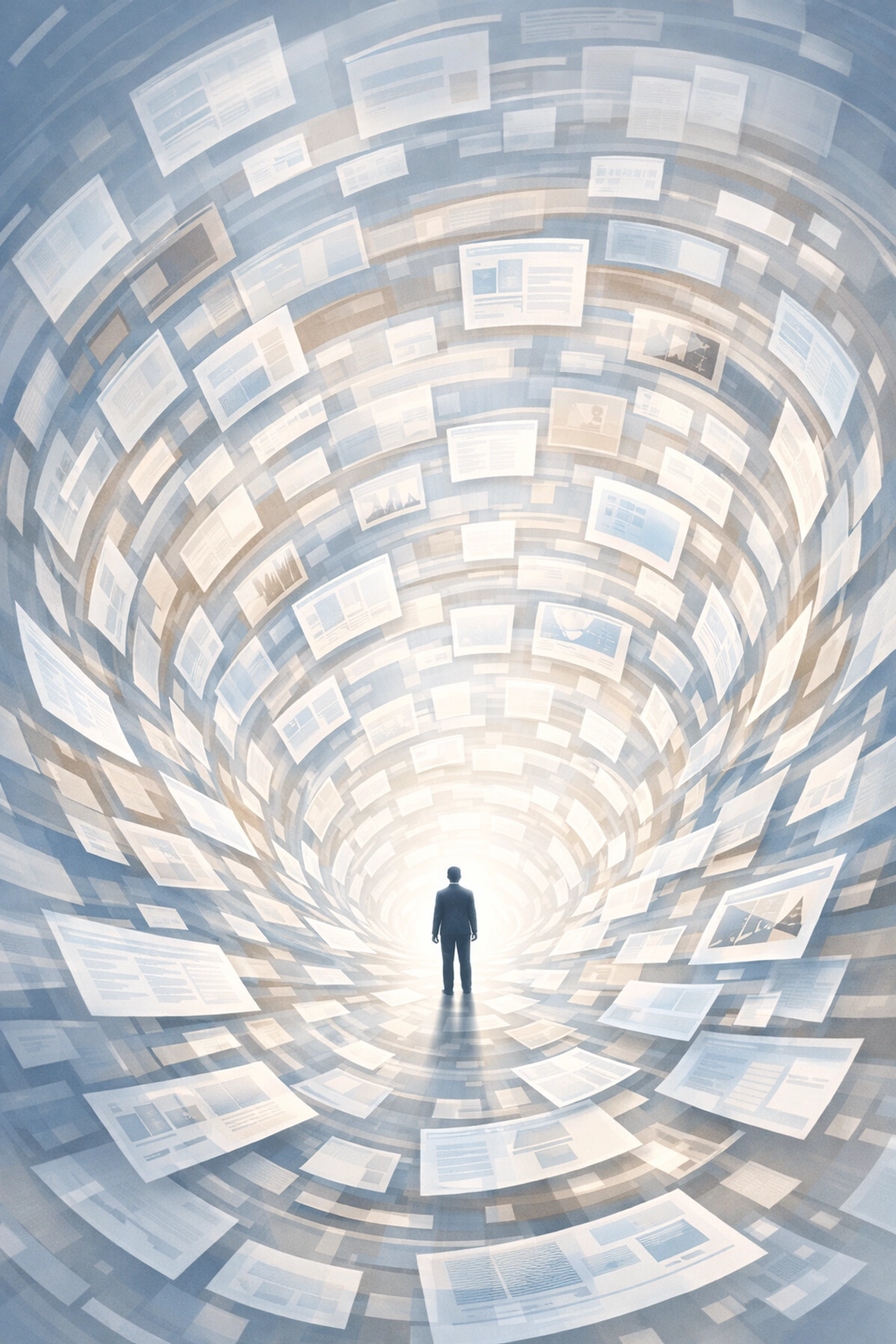 Executive surrounded by multiple digital platforms illustrating context-switching complexity in 2026