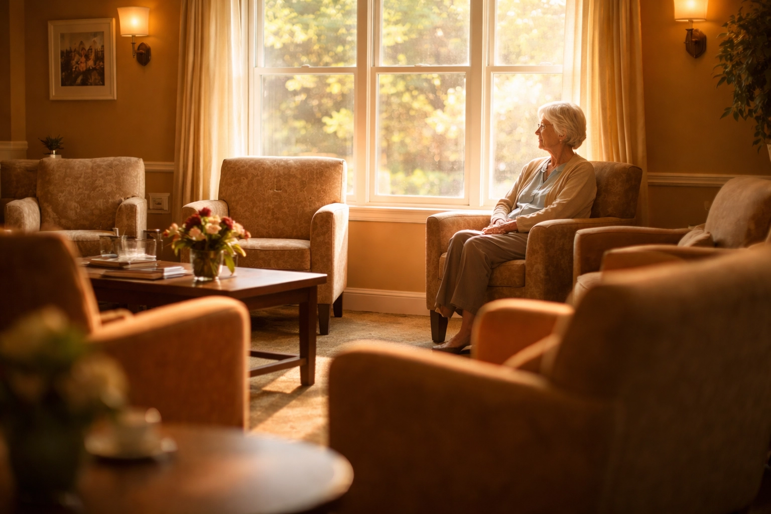 Elderly woman sits alone in a senior living community lounge, highlighting isolation before interactive engagement.