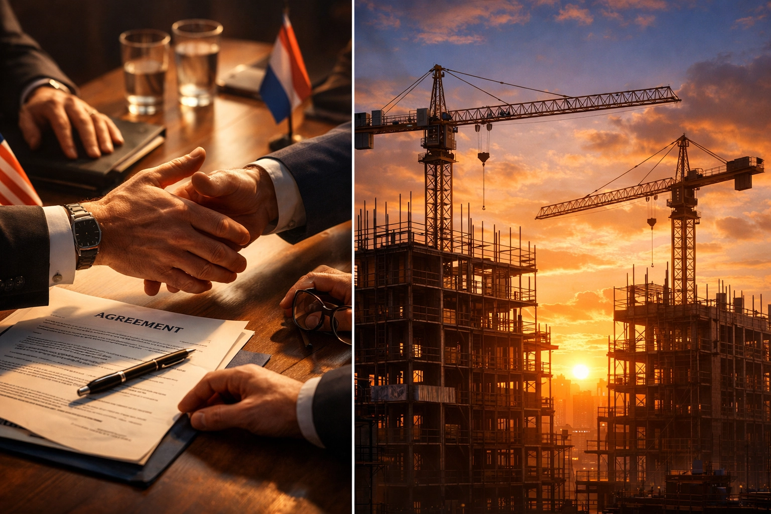 Diplomacy and reconstruction efforts showing international cooperation for Middle East peace