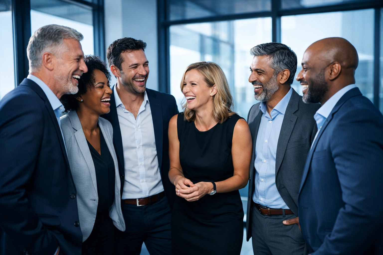 A modern leadership team laughing and connecting in a professional office, representing strengths-based partnership. A modern leadership team laughing and connecting in a professional office, representing strengths-based partnership.