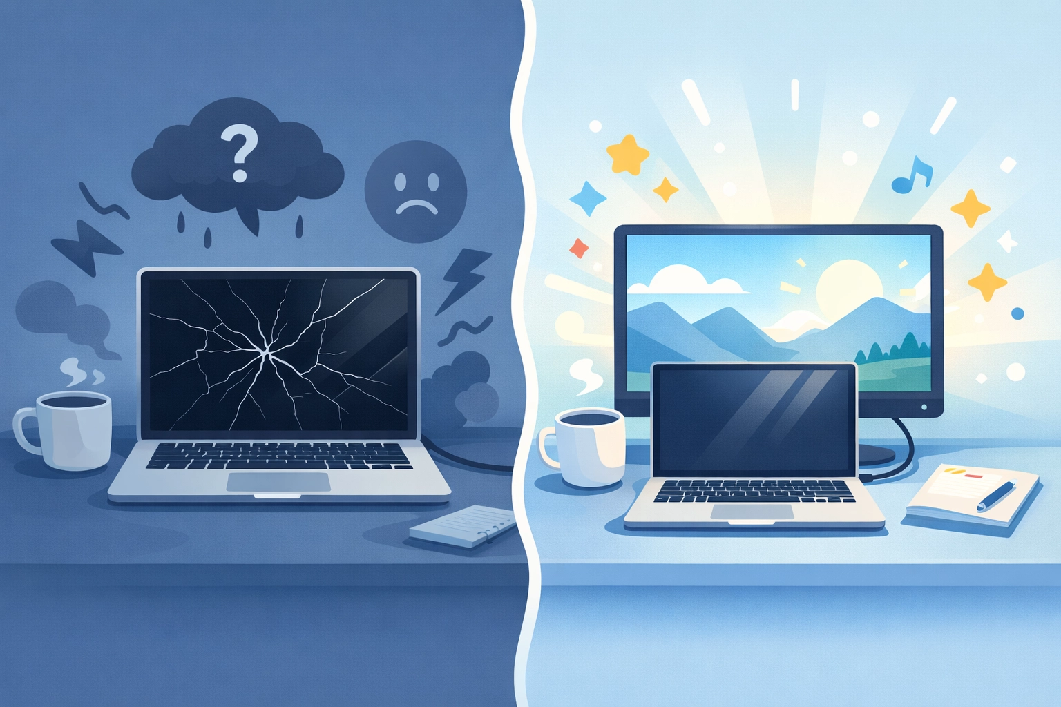 Broken laptop screen compared to working external monitor display