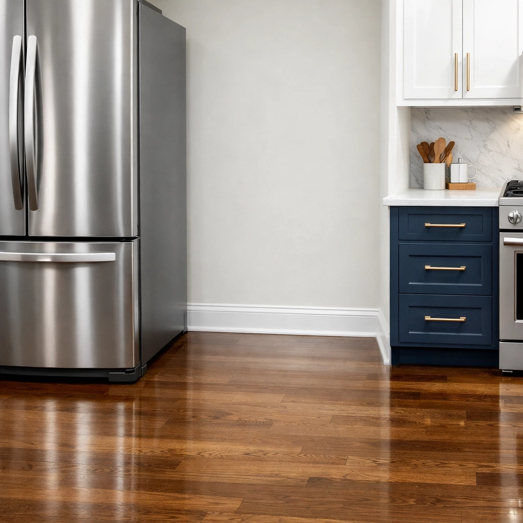 Spotless floor behind a moved fridge illustrating deep move-in/move-out cleaning Lowell standards.