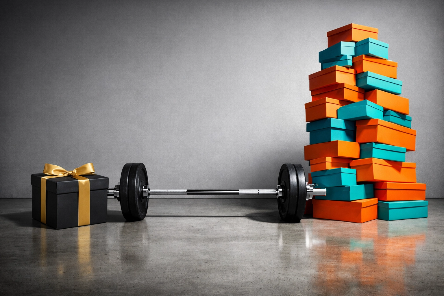 Barbell balancing a luxury gift box and discount boxes, representing the retail barbell effect and pricing trends.