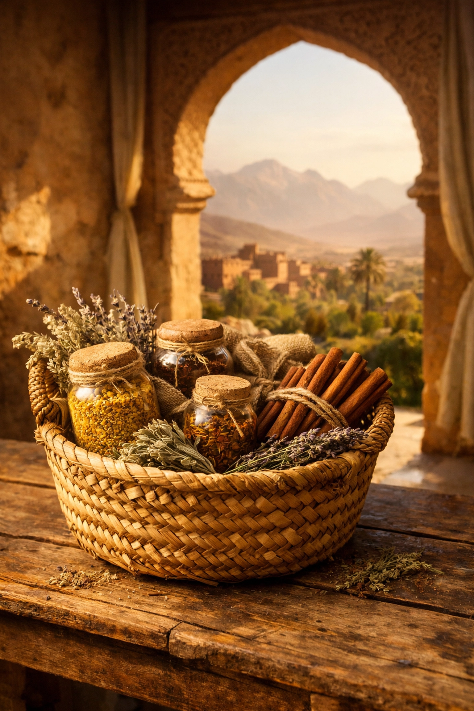 سلة تقليدية تضم منتجات طبيعية مغربية أصلية من متجر Moroccan Goods Shop