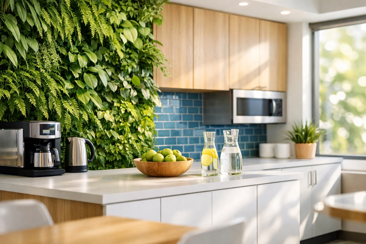 Sustainable corporate breakroom with a green wall and clean surfaces for healthy facility maintenance.