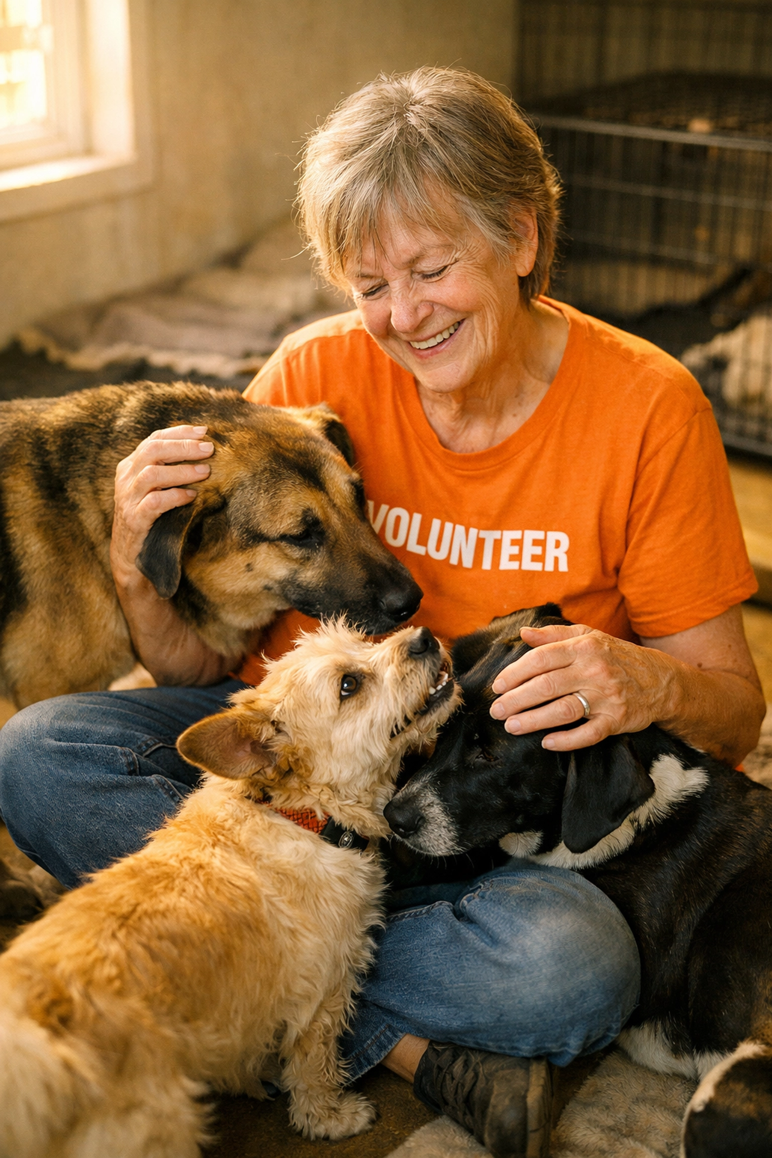 Volunteer surrounded by shelter dogs experiencing the rewarding bond of animal rescue work