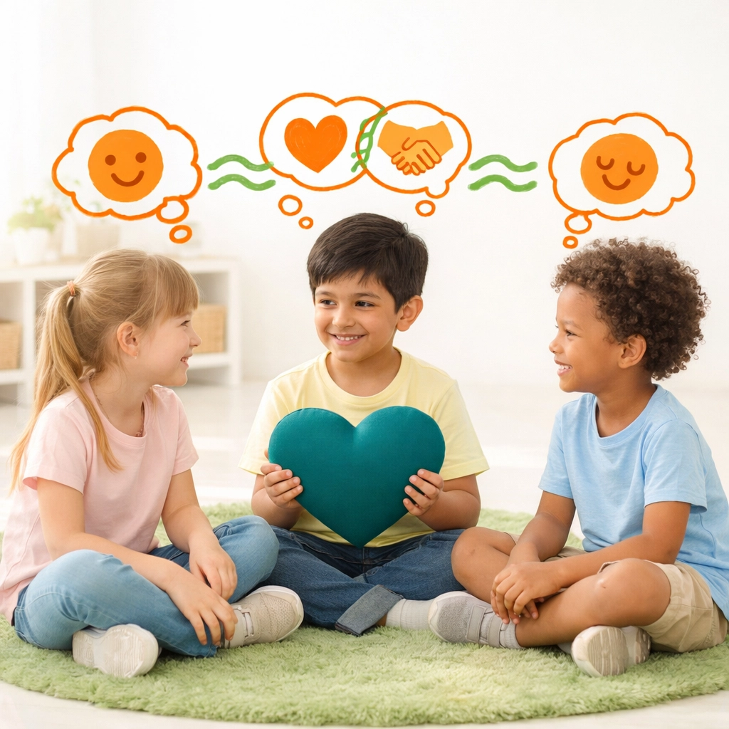 Children practicing emotional intelligence and heart-centered communication in a peaceful classroom.