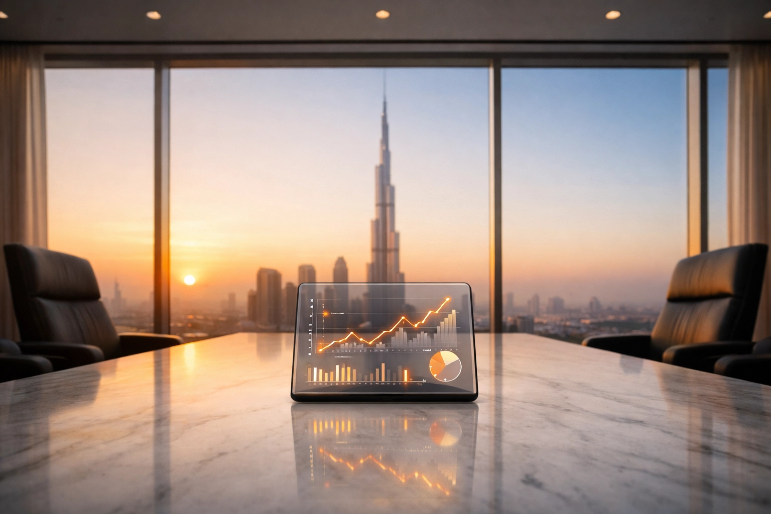 Dubai boardroom overlooking the Burj Khalifa symbolizing business success through early tax compliance.