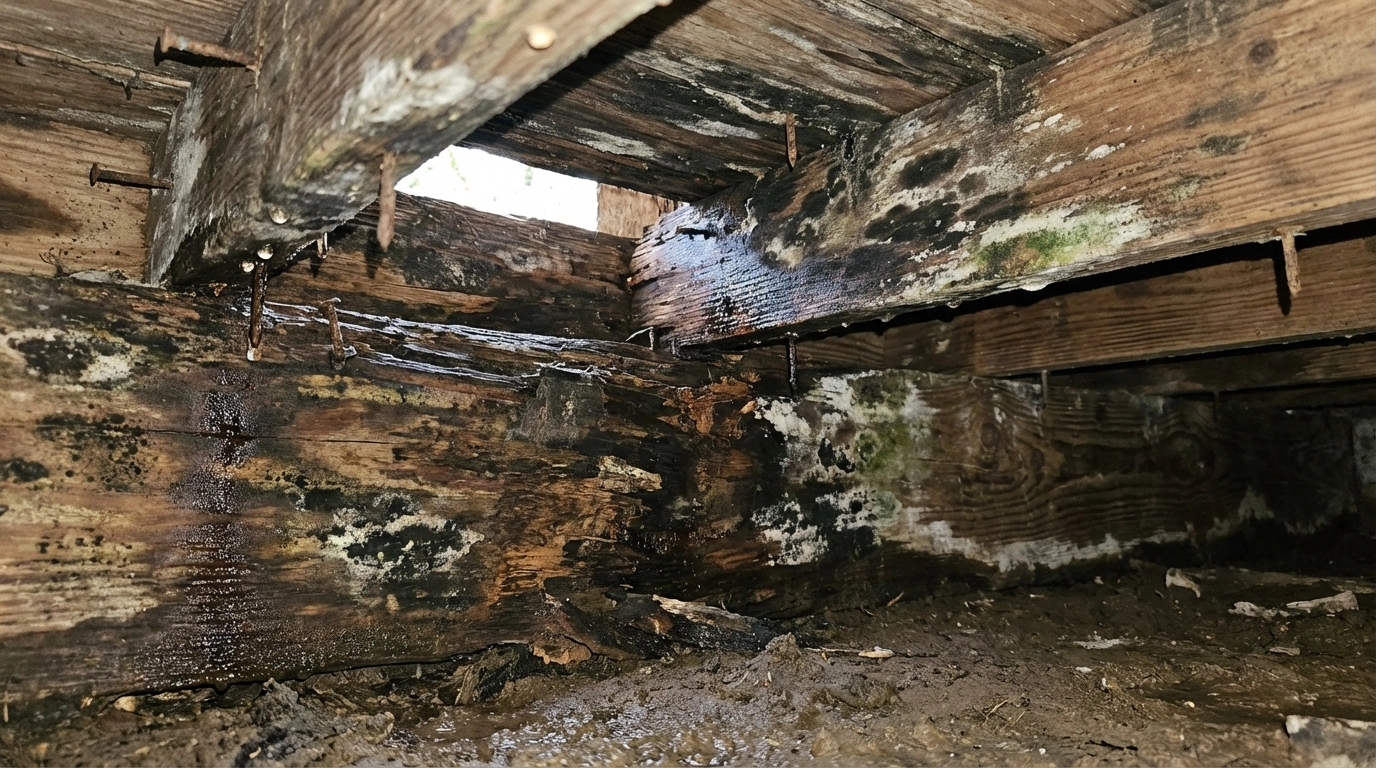 Using a moisture meter in a Louisiana crawl space to detect water damage