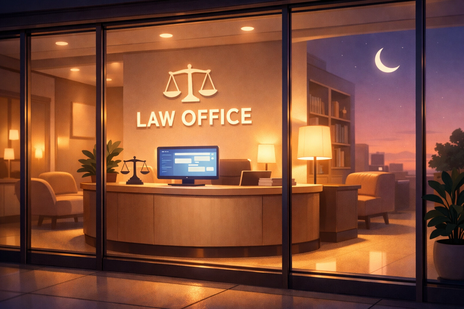 Law office reception desk glowing at night with AI receptionist system providing 24/7 availability
