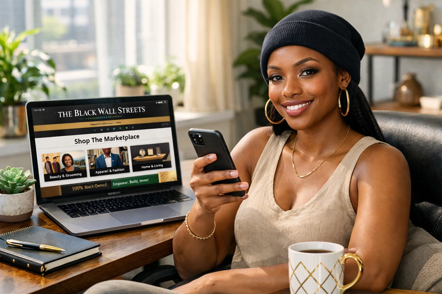 A Black female entrepreneur browsing the Black Wall Streets marketplace on her laptop.
