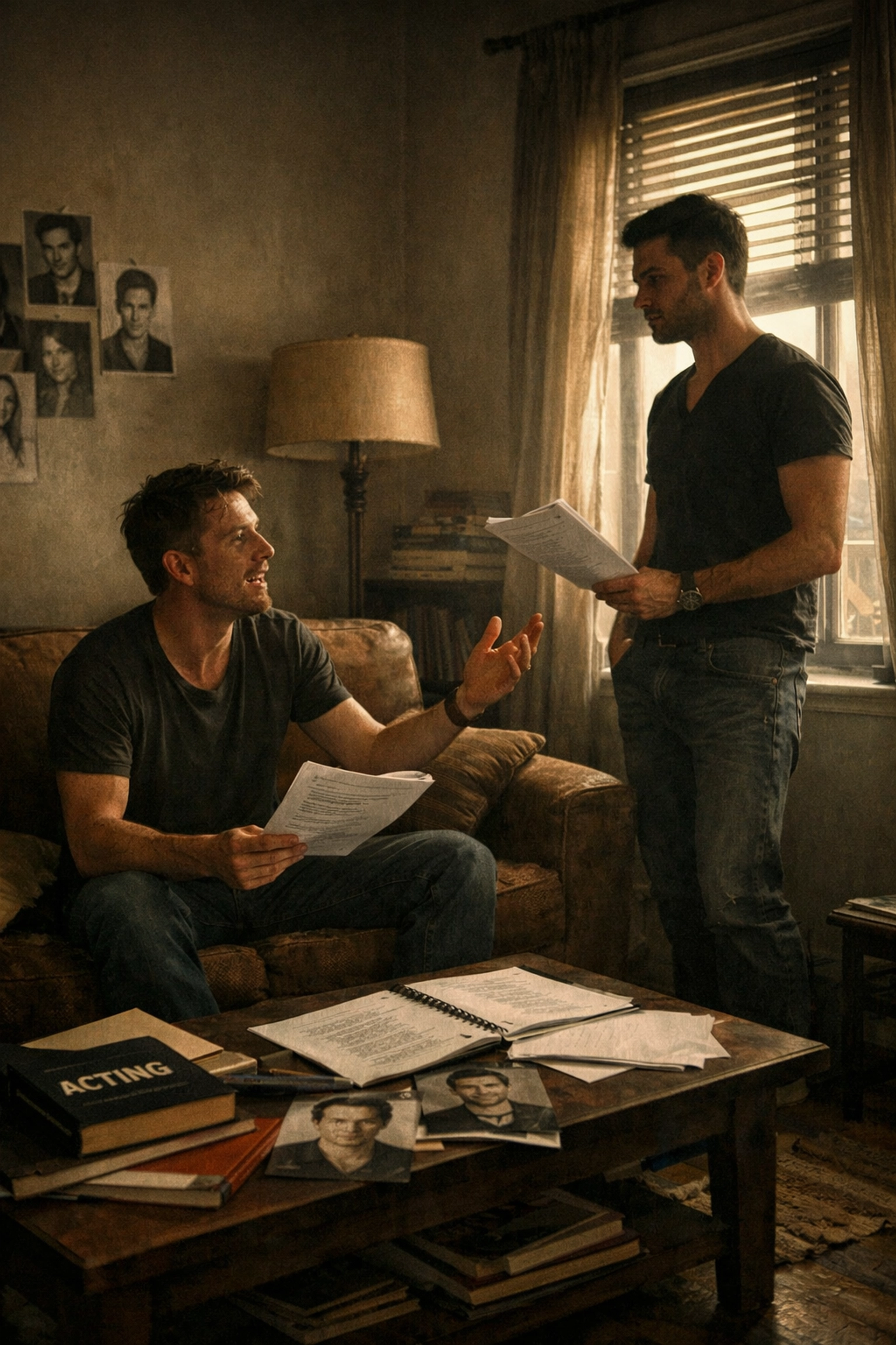 Gay actors rehearsing together in Los Angeles apartment, supporting each other's craft