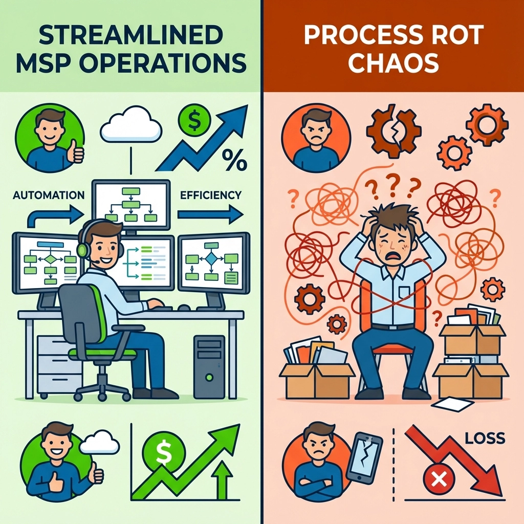 Split-screen cartoon showing healthy MSP operations on the left (streamlined workflow, happy technician, satisfied client, growing profit chart) versus process rot on the right (tangled workflows, stressed technician, frustrated client, declining profit chart)
