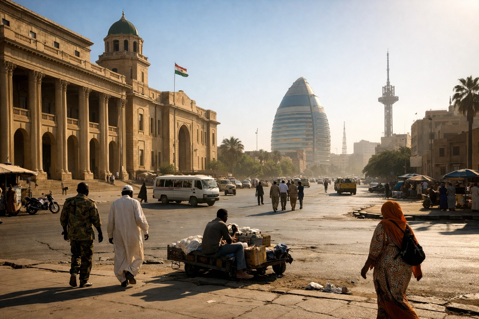 City square in Khartoum showing government buildings during a major turning point in Sudan.