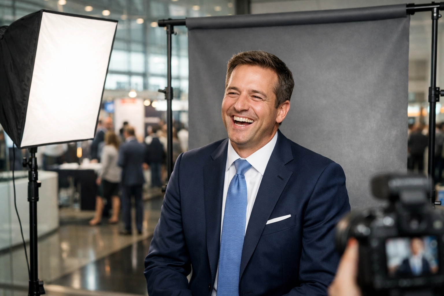 Professional corporate headshot photography session at a Miami trade show with a mobile studio setup.