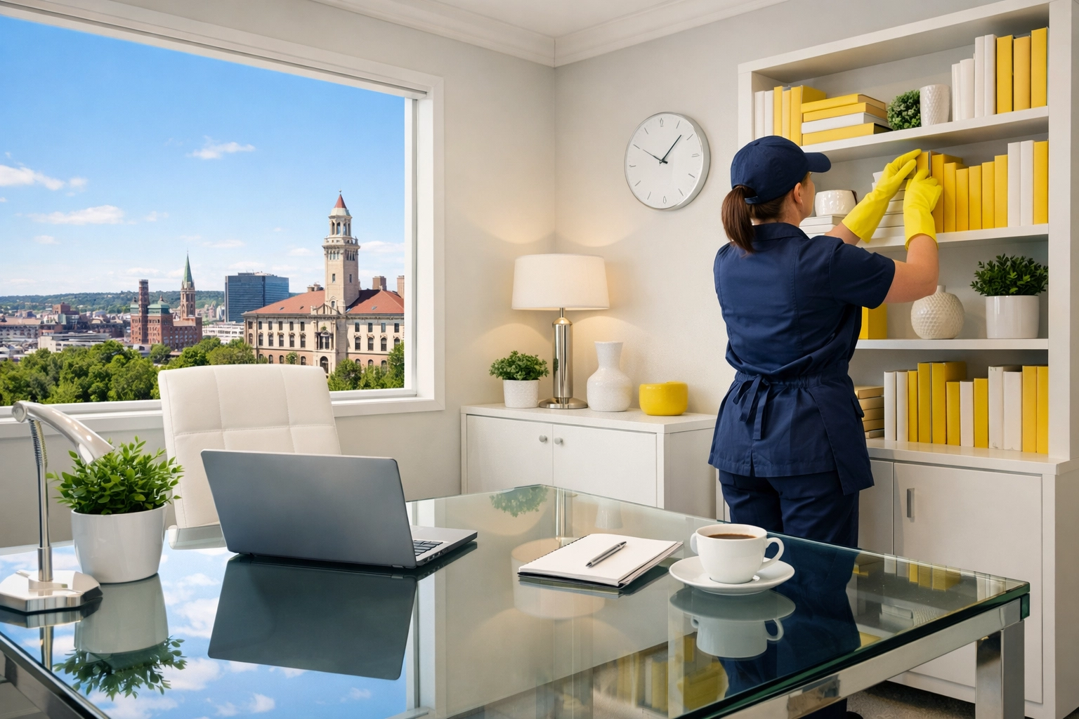 Expert maid services Worcester cleaning a bright, modern home office with city skyline views.