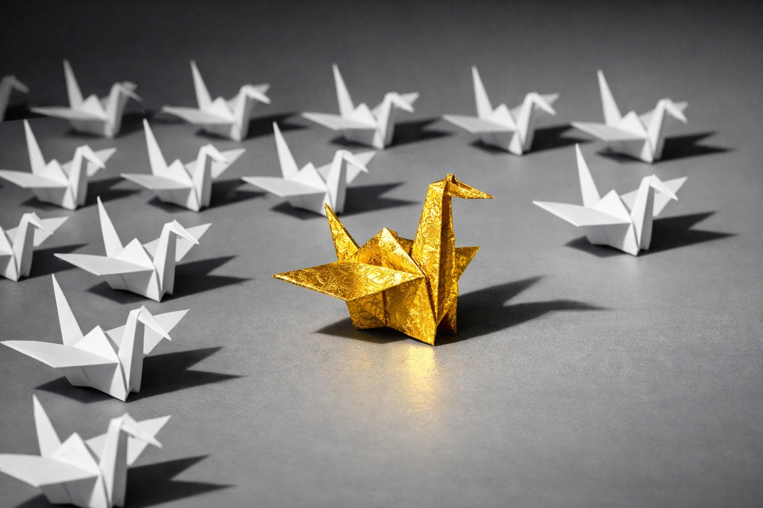 A gold crane standing out from a crowd, illustrating a unique brand voice for social media growth.