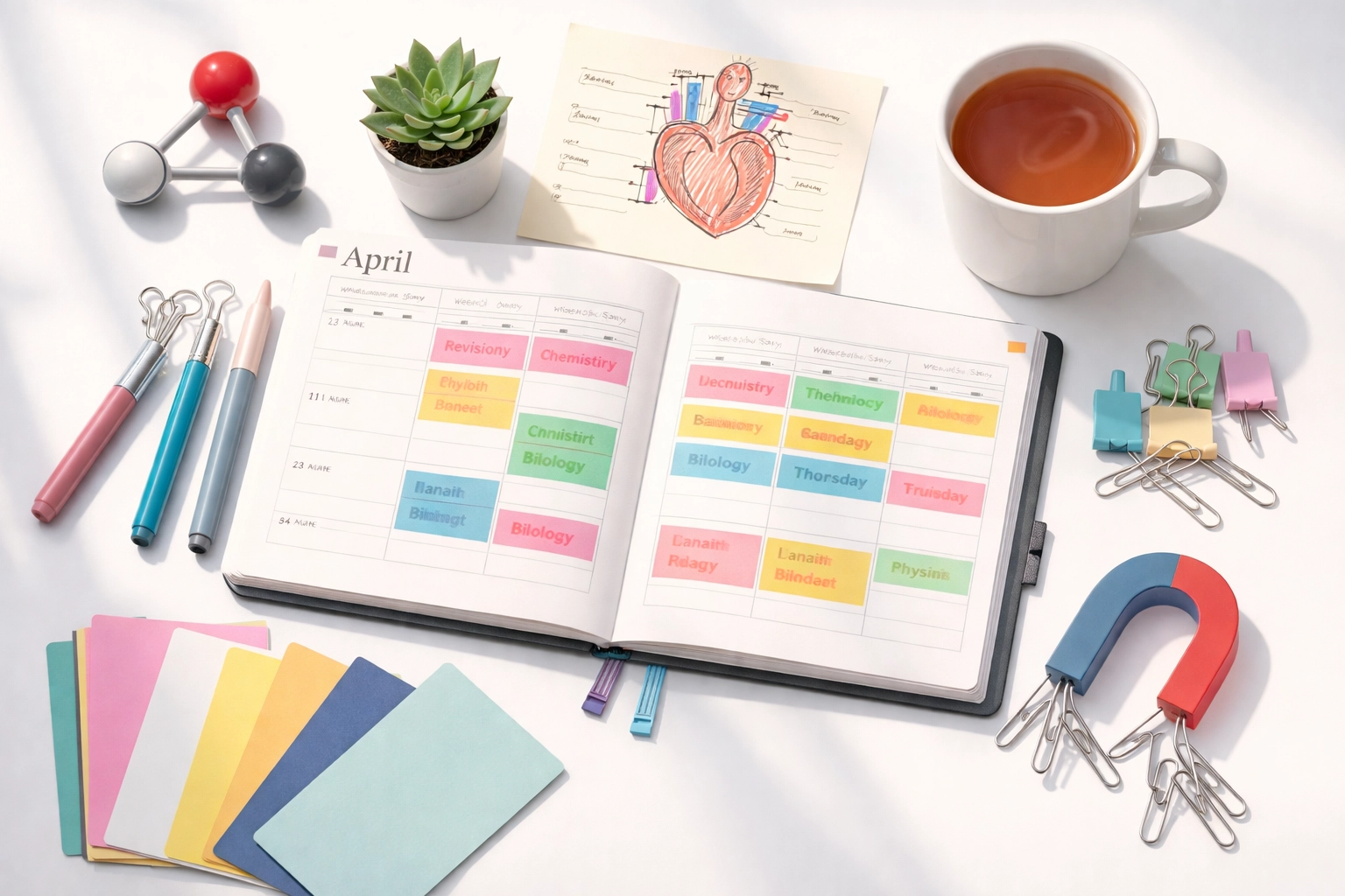 Organized science revision workspace with planner and visual aids for Biology, Chemistry, and Physics, promoting our Dulwich Easter GCSE Science Revision Course.