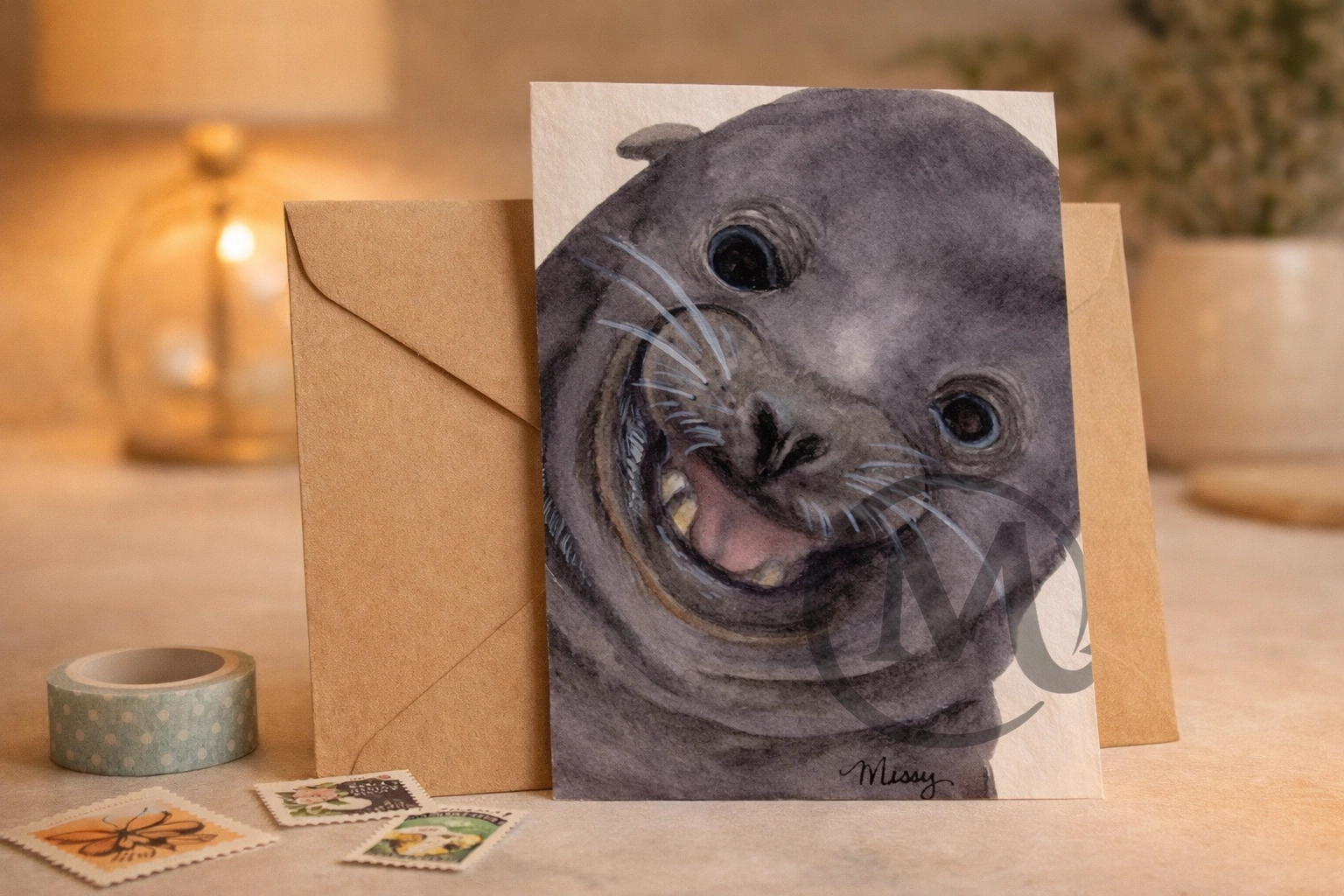 Missy’s themed animal card in a tabletop snail-mail mockup (watermark visible)
