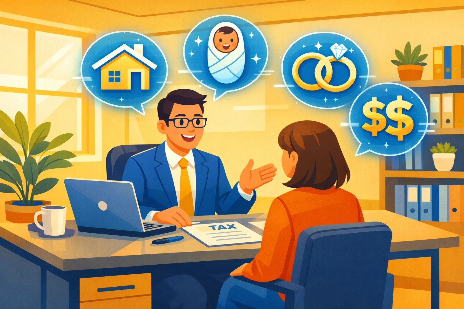 Tax professional consulting with client about life changes affecting W-4 and tax planning